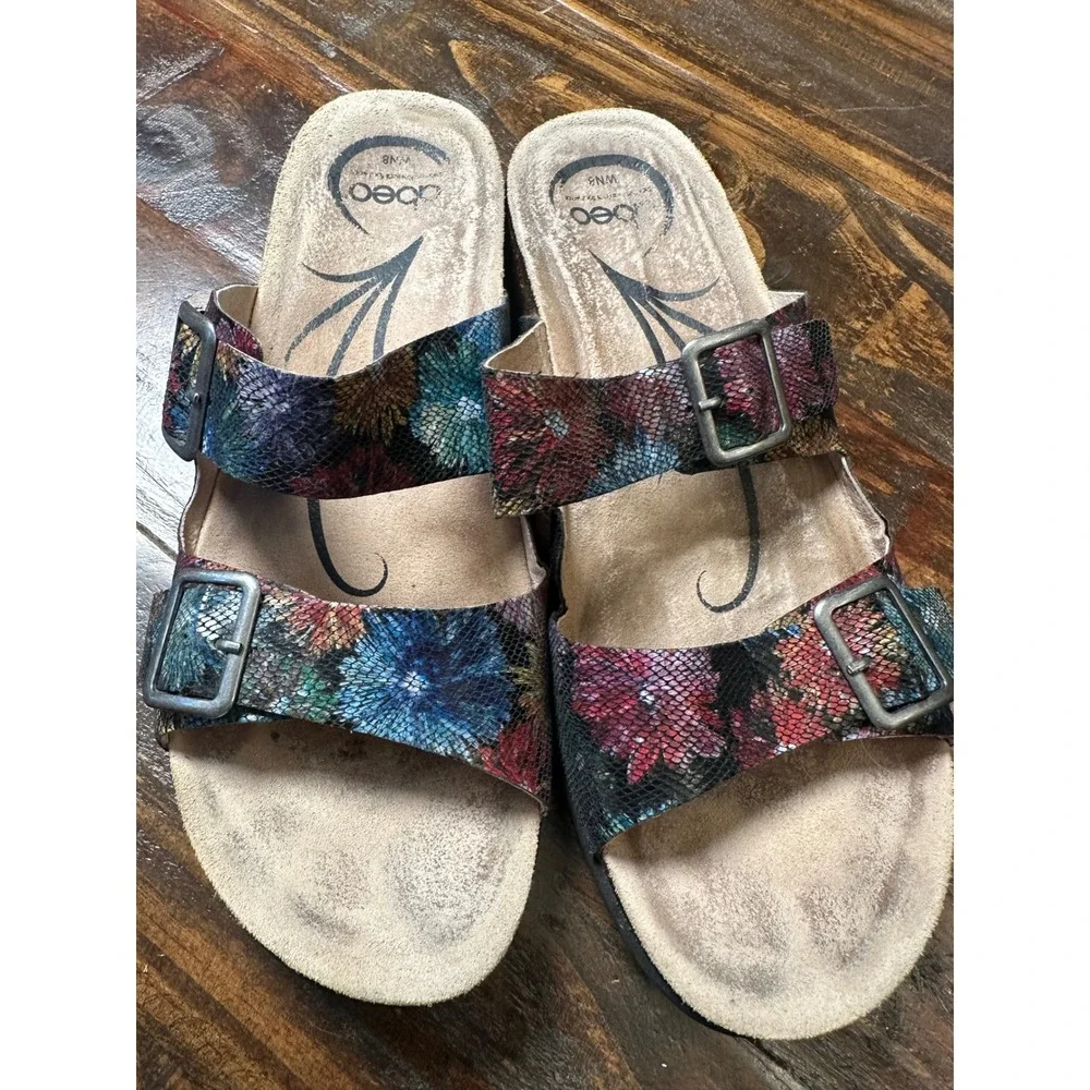ABEO Blythe Multi Floral Snake Embossed Leather Orthotic Slide Sandals Womens 8N